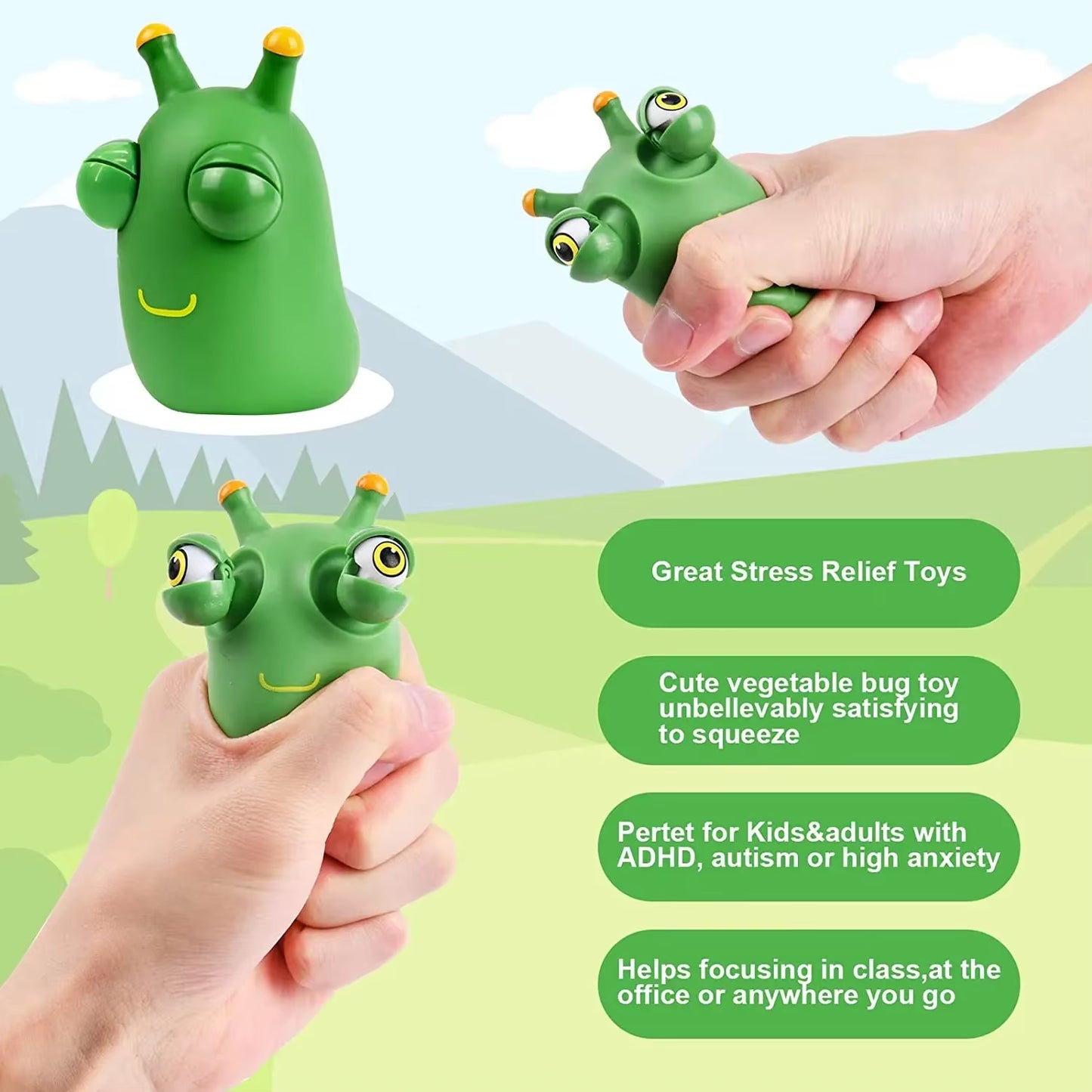 Green Bug Squeeze Toy Grass Eyes Popping Out Toy Sensory Fidget Toy Eyeball Bouncing Toy Slug Pop-It Toys for Toddler Kids Adult