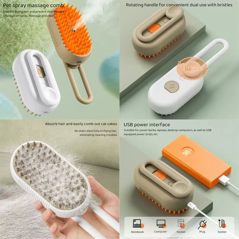 Steamy Cat Brush 3 in 1 Electric Anti-Splashing Cat Brush with Steam Spray for Massage Pet Grooming Comb Hair Removal Combs